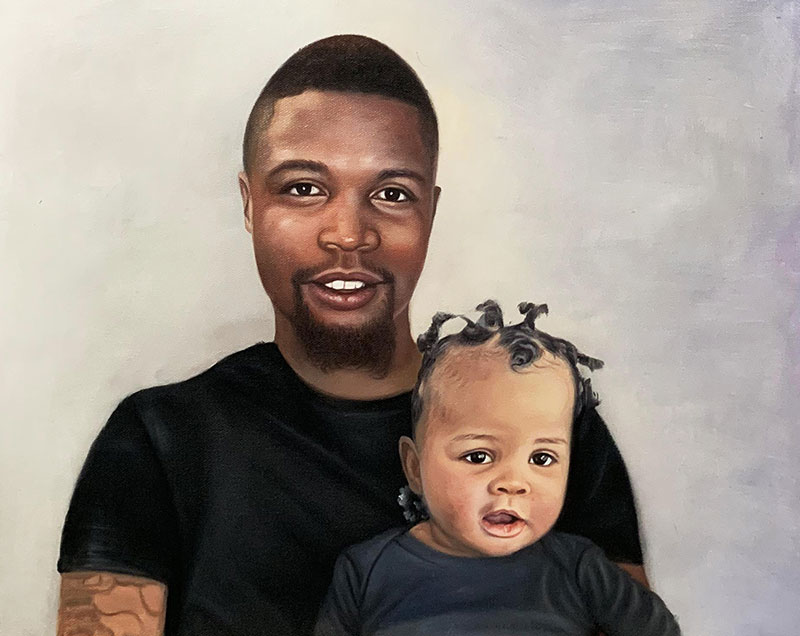 Painting of a father and young child.