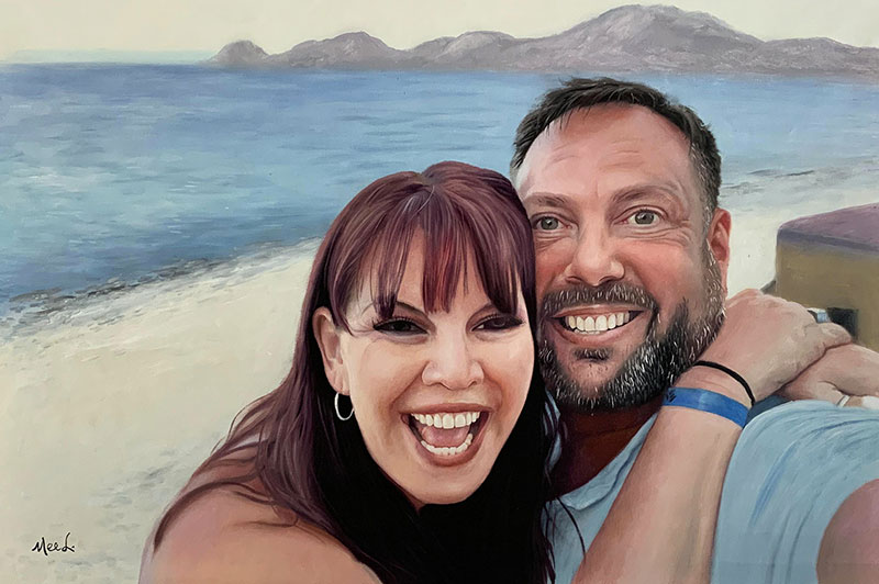 Oil portrait of a happy couple on a vacation