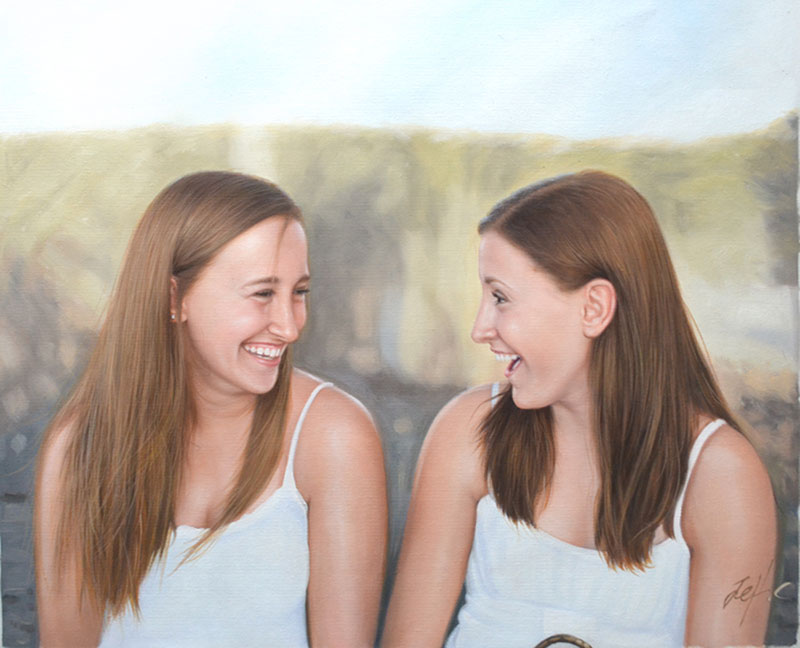 Painting of two laughing sisters wearing white tank tops