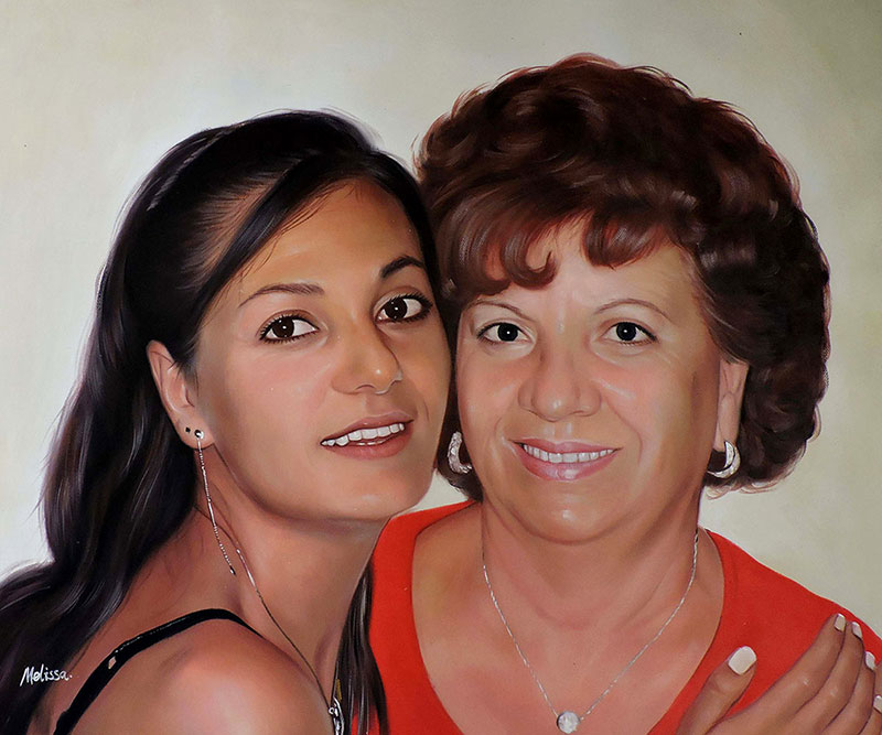 an oil painting of daughter and mother embracing