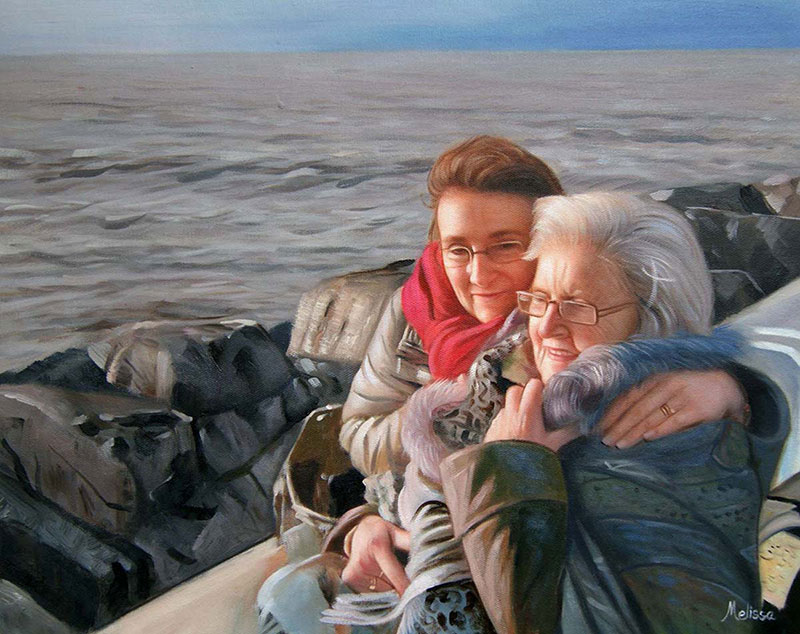an oil paniting of elder mother and a daughter together