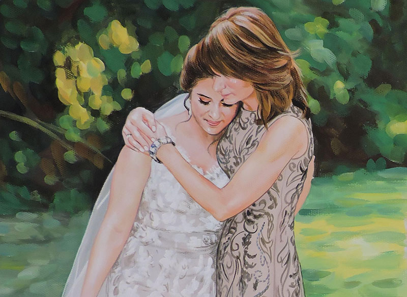 painting of a bride with mother painted in pastel