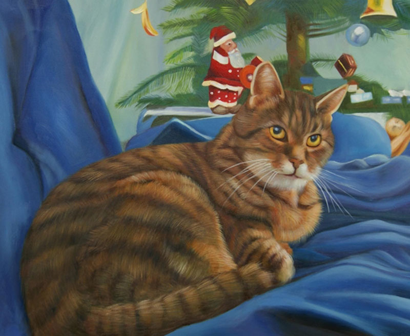 oil painting of cat laying on blue blanket