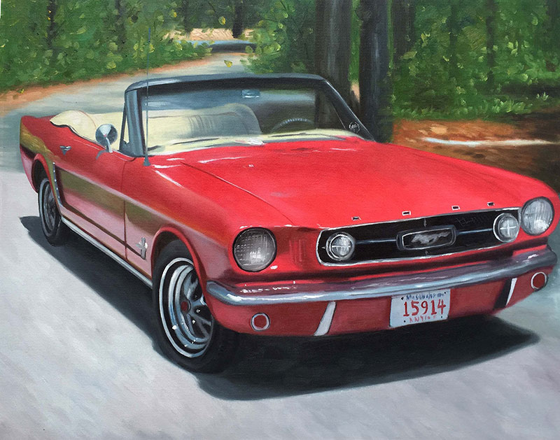 Custom oil handmade painting of a red mustang