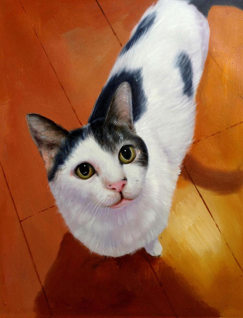 Custom oil handmade portrait of a black and white cat
