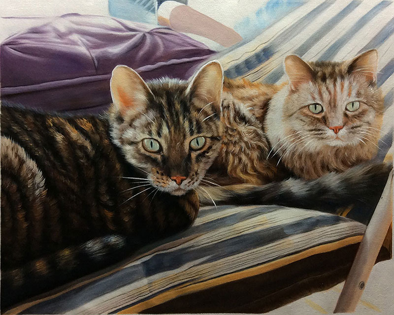an oil painting of two cats laying on a beach chair 