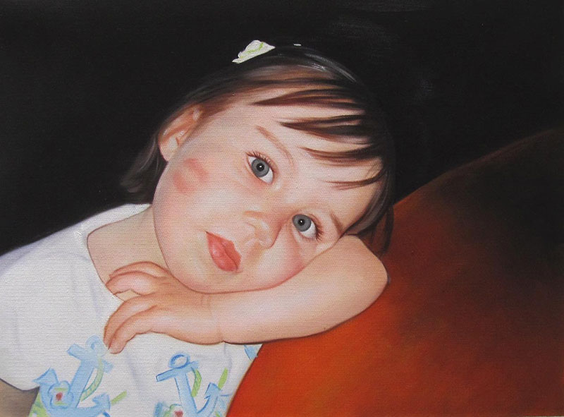 an oil painting of a little girl with green eyes
