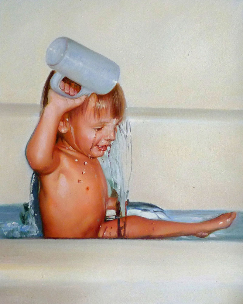 Toddler pouring water over head in bathtub.