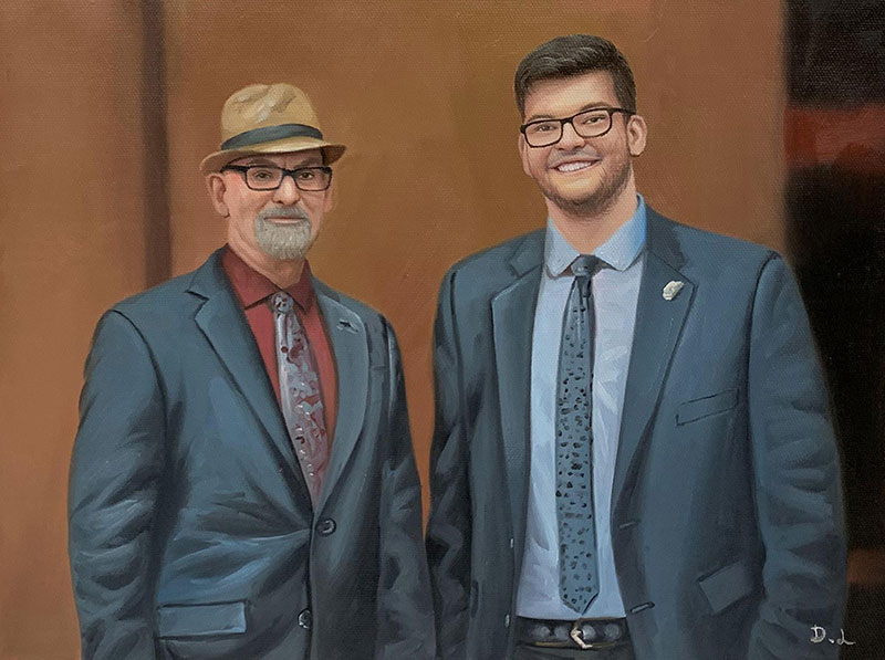 Painting of two men in suits, one wearing a hat.