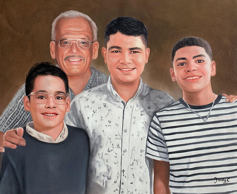 Painted portrait of a grandfather and three grandsons.