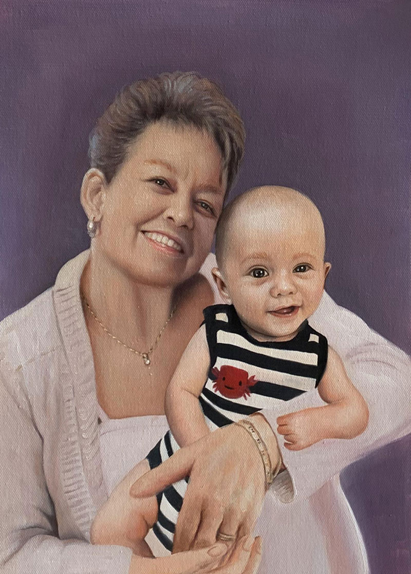 Painting of a smiling grandmother holding a baby wearing a striped onesie.