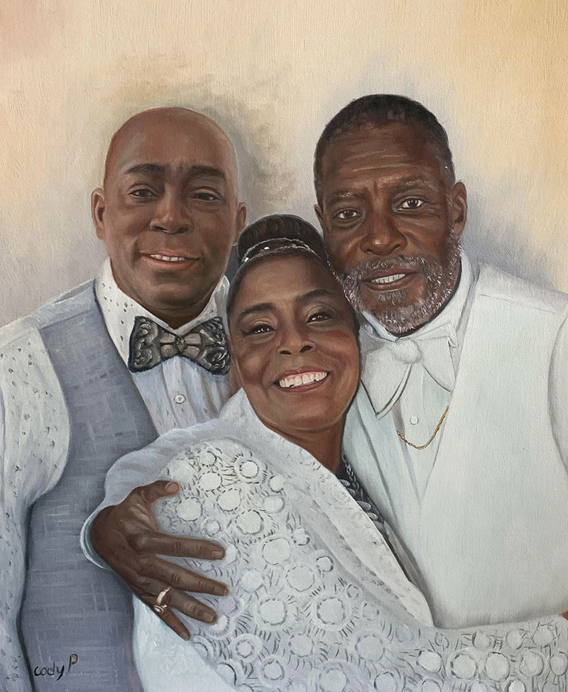 Painted portrait of three smiling Black adults.