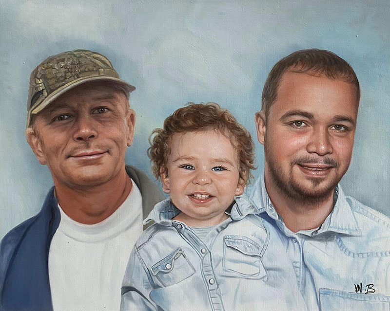 Painted portrait of three generations of men: an older man in a cap, a toddler, and a younger man.