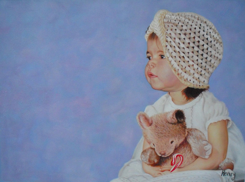 a custom oil painting of a child holding a toy bear