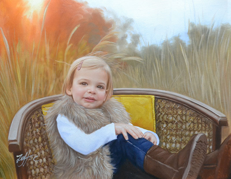 Painting of a toddler girl in a fur vest sitting in a chair outdoors in a field of tall grass.
