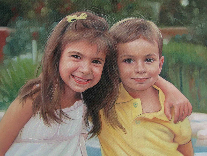 a custom oil portrait of a two siblings hugging