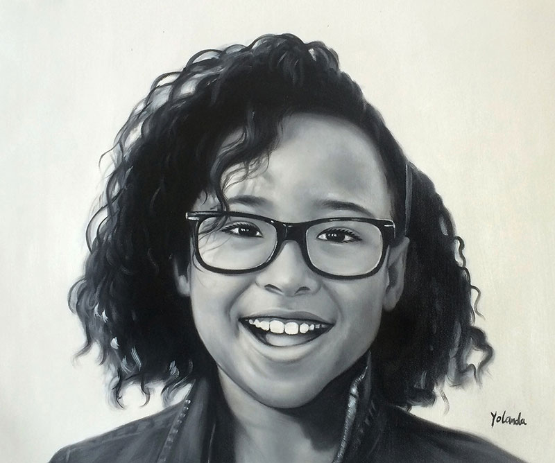 a black and white oil painting of a black child with glasses