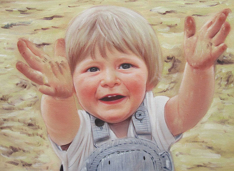 a custom oil painting of a little boy with open hands