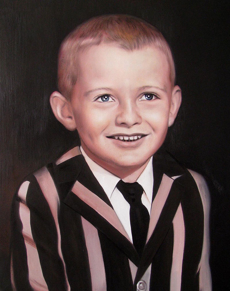 a custom oil painting of an young boy in black and white
