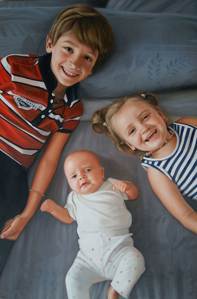 an oil painting of  siblings laying on the bed