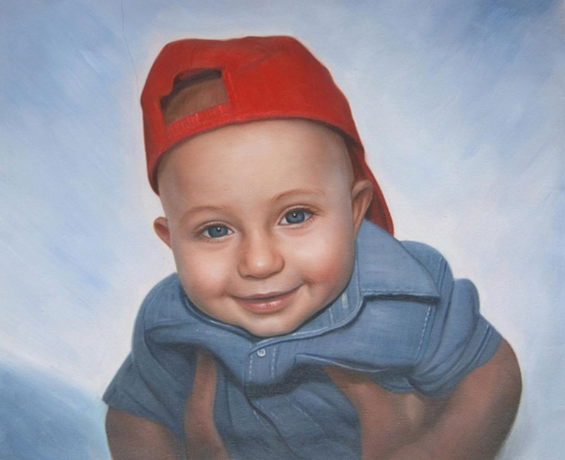 an oil painting of a little boy with red cap