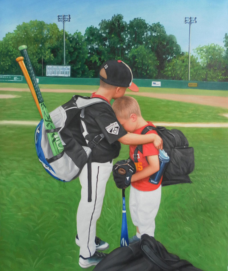 an oil painting of brothers hugging baseball