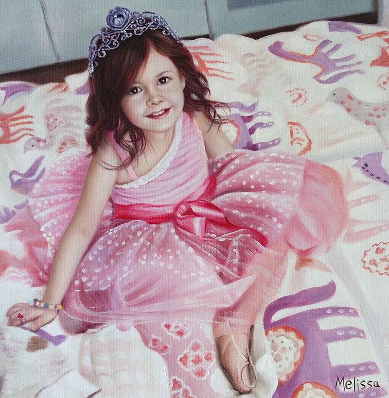 a custom oil painting of little girl in pink princess dress