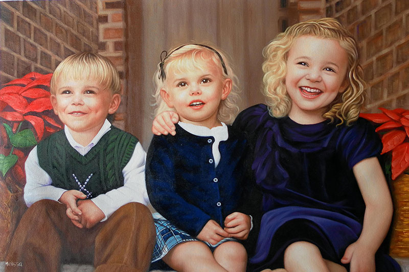 an oil portrait painting of a three siblings on steps