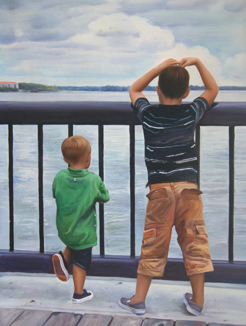 an oil painting of siblings staring at the sea