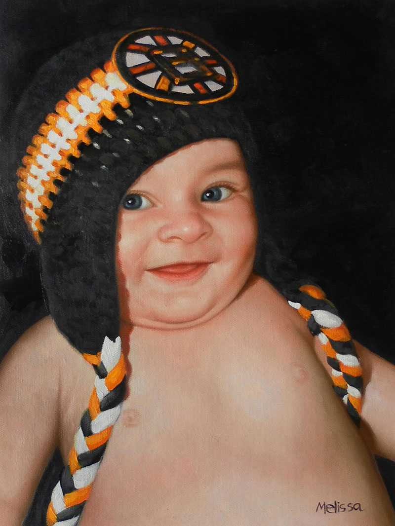 an oil painting of a little toddler wearing a hat