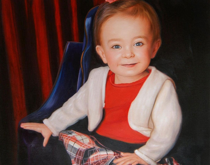 an oil painting of a little toddler sitting on a char
