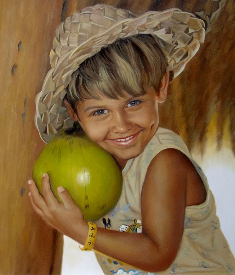 an oil painting of a little boy with a hat holding a fruit
