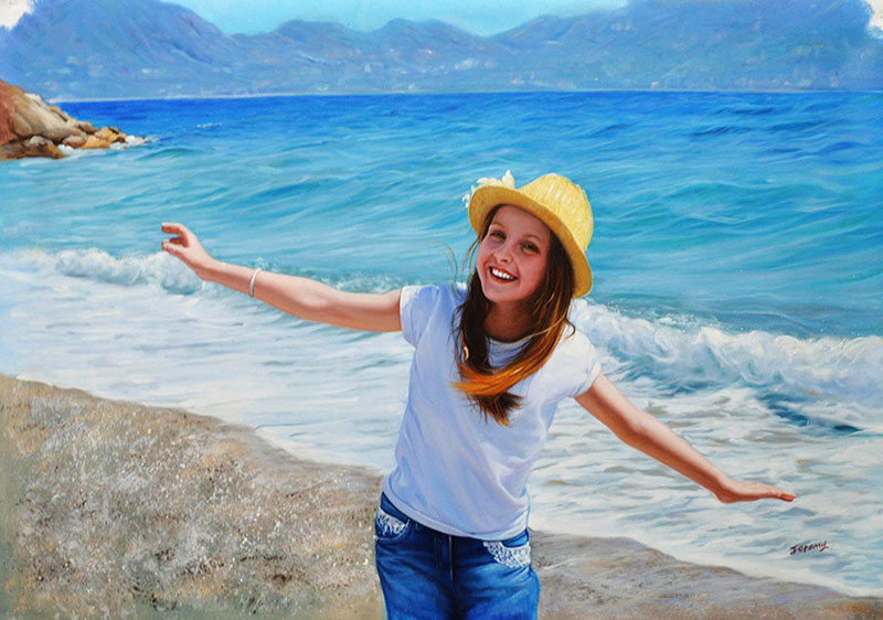 an oil painting of a an young girl at the beach