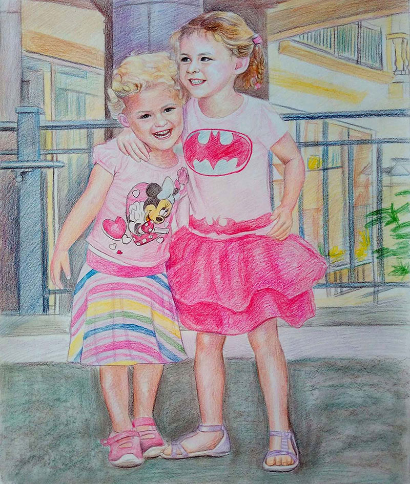 custom colored pencil drawing of two girls hugging