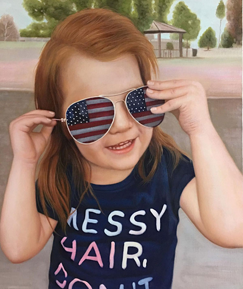 an oil painting of a little girl with usa glasses