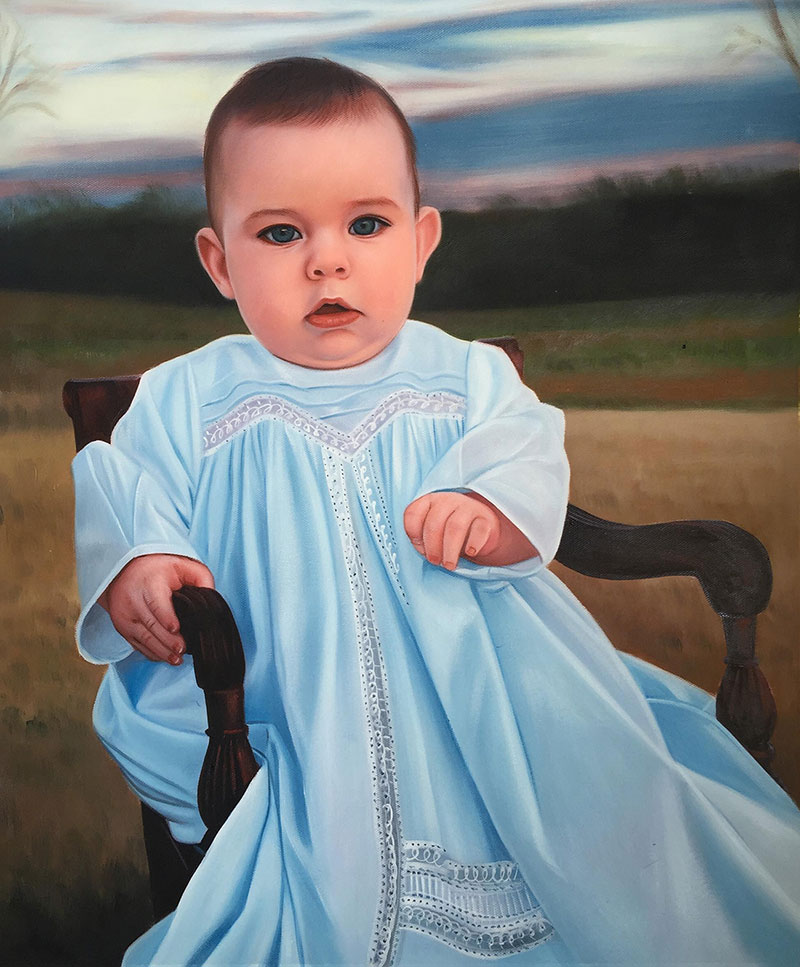 a custom oil portraot of a child with blue eyes