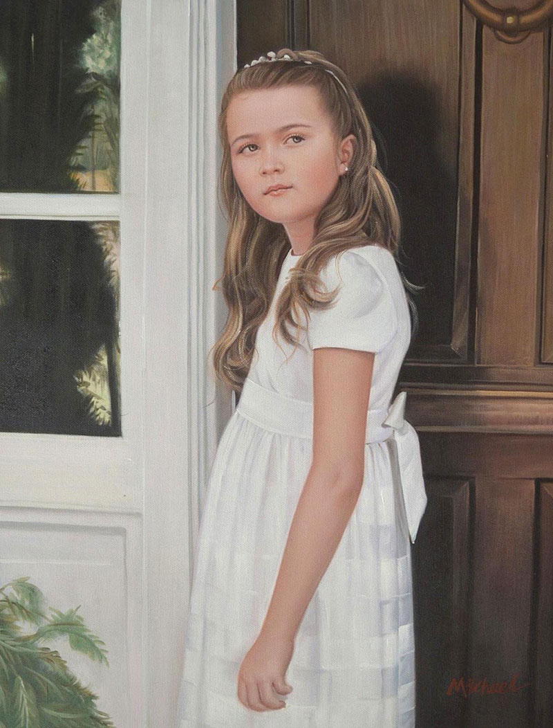 a custom oil portrait of an young girl at the door