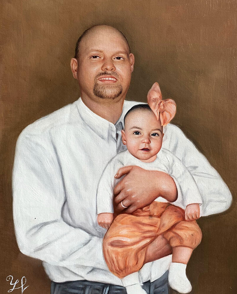 Painting of a bald man holding a baby girl wearing an orange outfit and a peach bow.