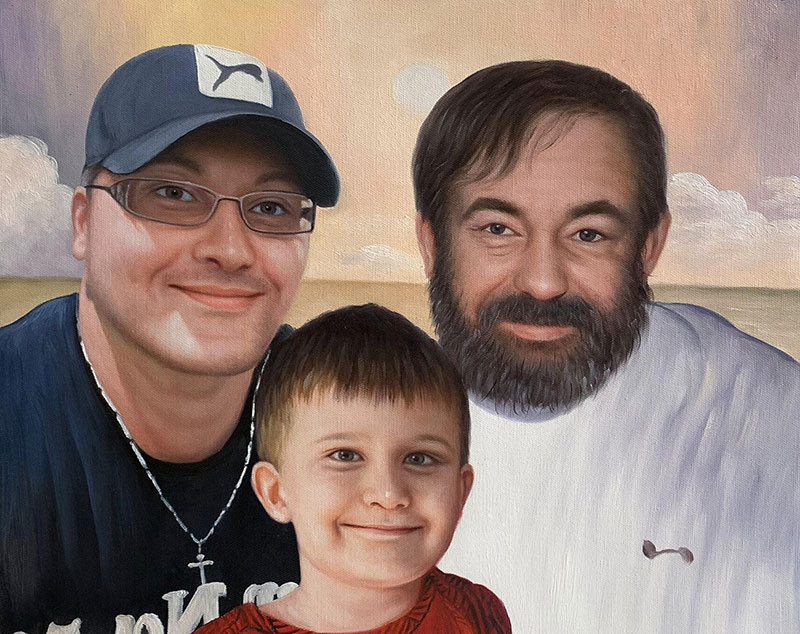 Painted portrait of two men and a young boy.