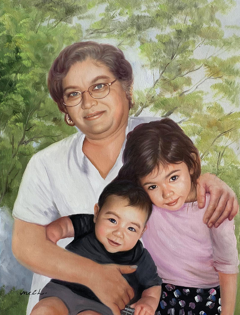Oil painting of a grandmother with her two grandchildren.