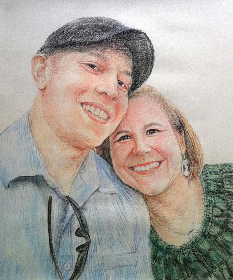 custom colored pencil portrait of a happy couple
