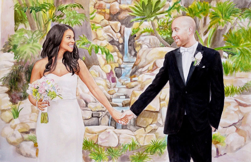 custom watercolor painting bride and groom near a waterfall