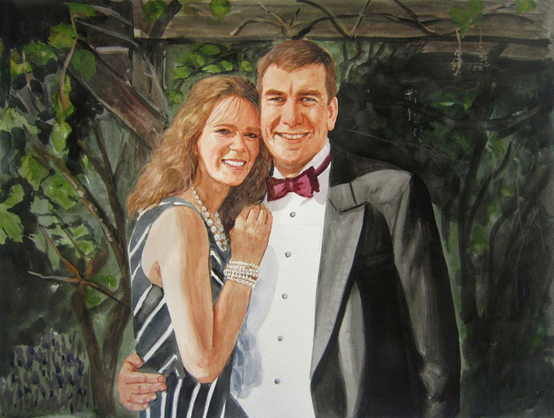 custom watercolor painting of a couple all dressed up