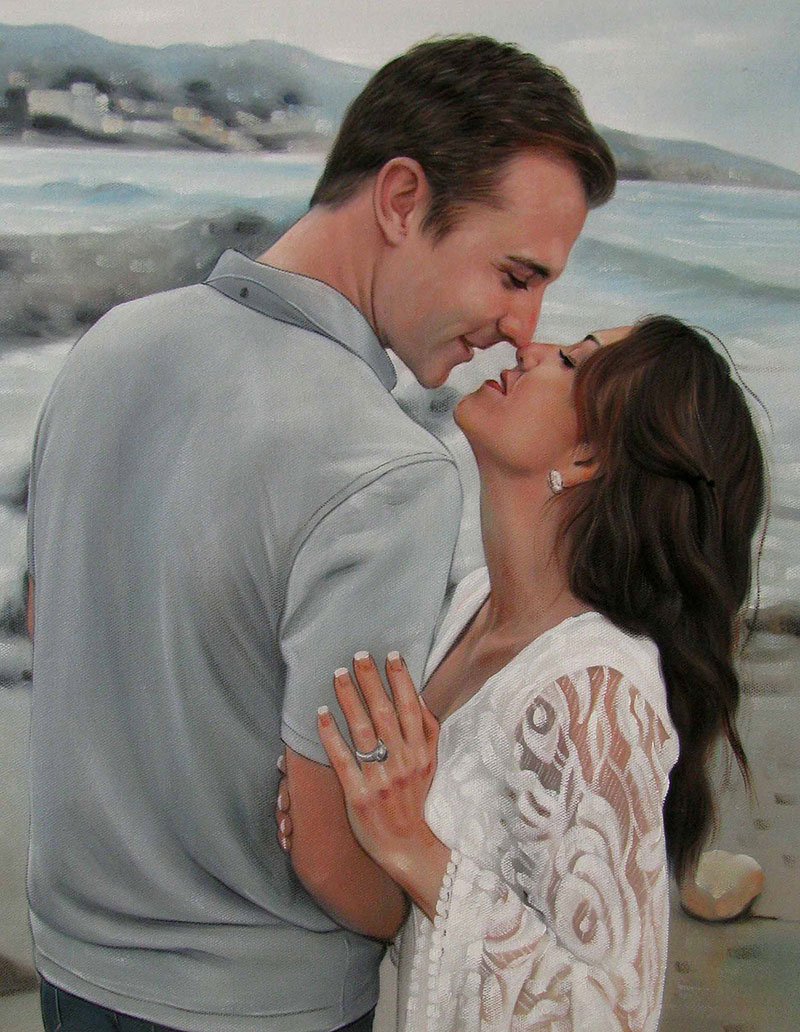 picture to oil painting of couple nose to nose by beach
