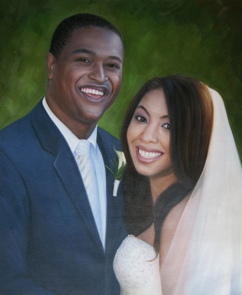 an oil painting of a black wedding couple