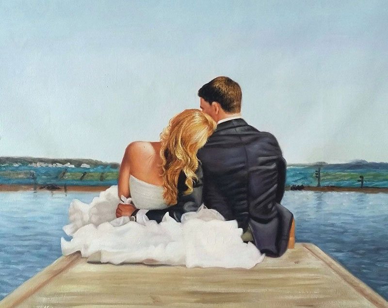 an oil painting of wedding couple hugging at the dock