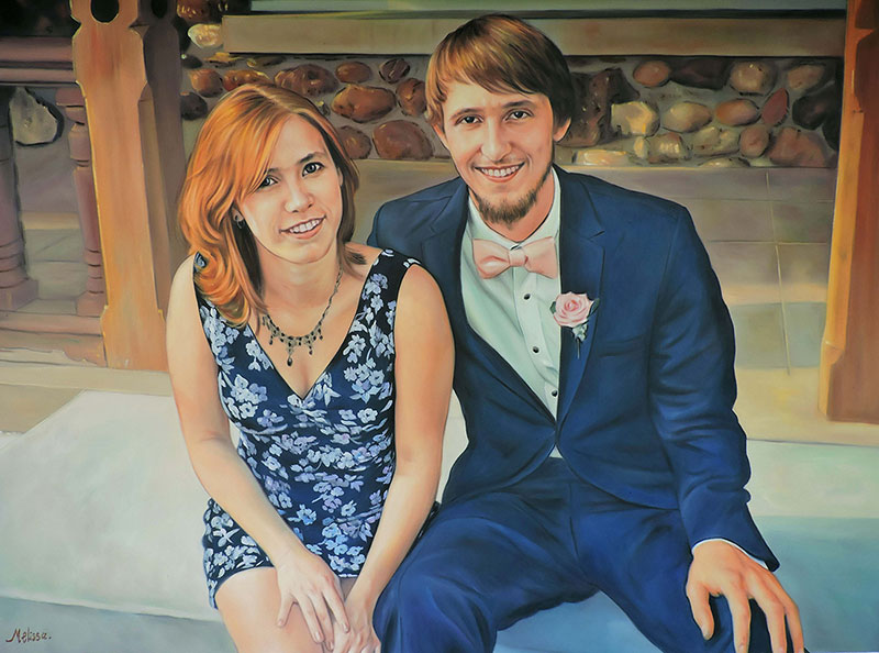 turn pictures into art oil painting of happy couple sitting