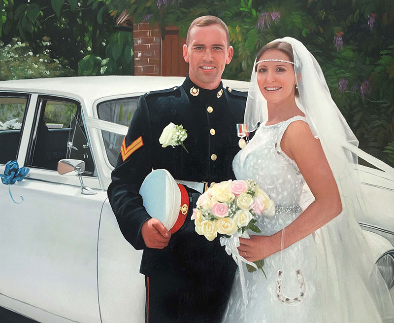 a custom oil painting of a wedding couple by a white car