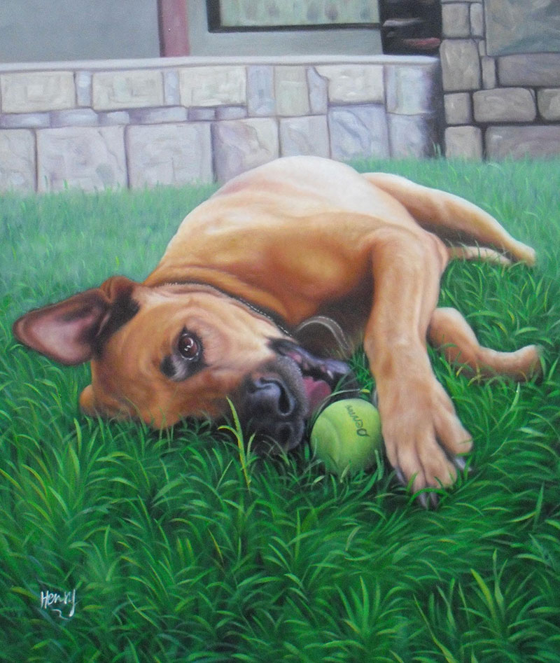 handmade oil painting of dog playing in grass baseball