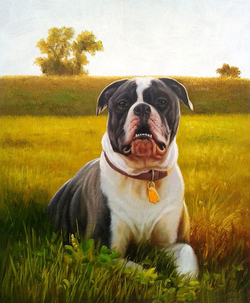 Painting of a black and white bulldog sitting in a grassy field.